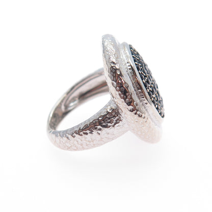 925 Sterling Silver Real Round-Cut Black Spinel Hammered Ring Size 4