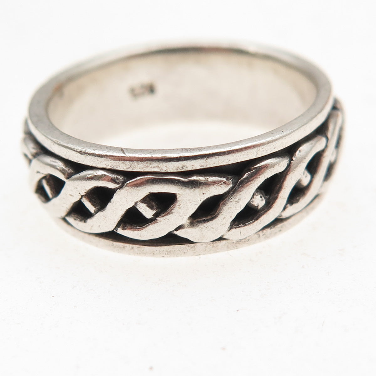 925 Sterling Silver Vintage Woven Oxidized Rotating Band Ring Size 8.75