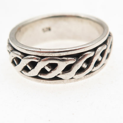925 Sterling Silver Vintage Woven Oxidized Rotating Band Ring Size 8.75