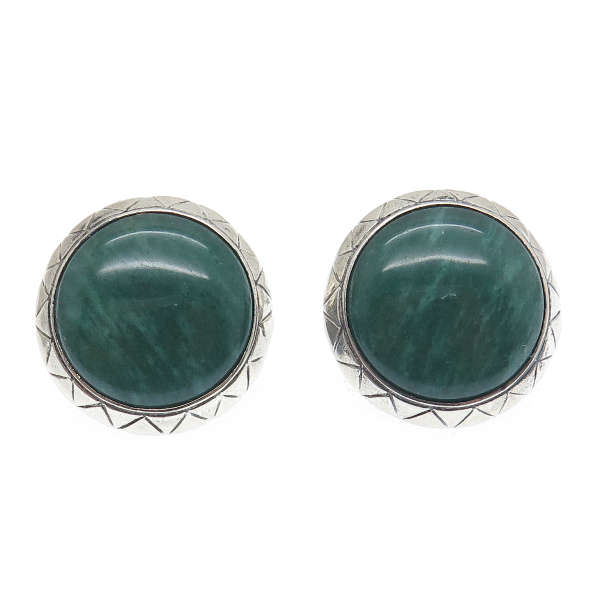 925 Sterling Silver Vintage Real Cabochon Aventurine Modernist Oxidized Earrings