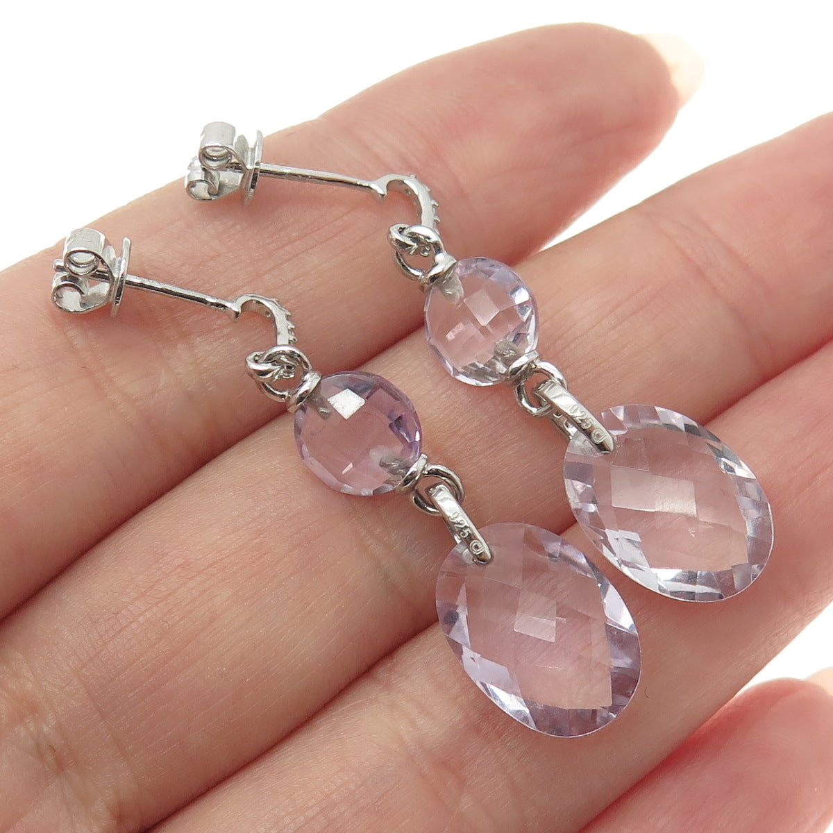 925 Sterling Silver Real White Diamond & Amethyst Gemstone Dangle Earrings