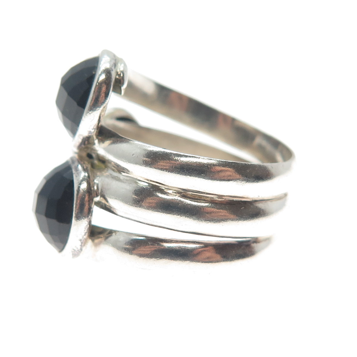 925 Sterling Silver Vintage Real Checkered Black Spinel Gem 3-Row Ring Size 7