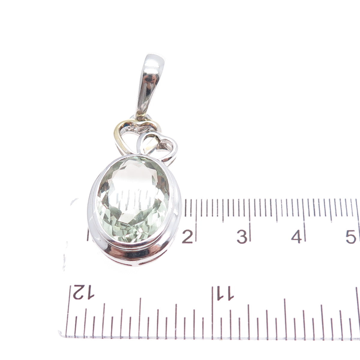 925 Sterling Silver Vintage Real Green Amethyst Couple Heart Charm Pendant