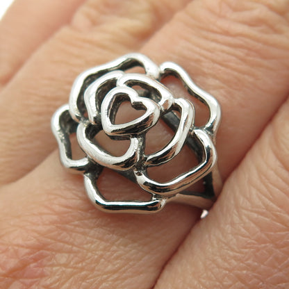 CHAPAL ZENRAY 925 Sterling Silver Vintage Rose Flower Oxidized Ring Size 7.25