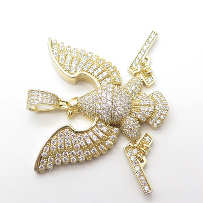 925 Sterling Silver Gold Plated White C Z Brave Eagle & Pistol Pendant