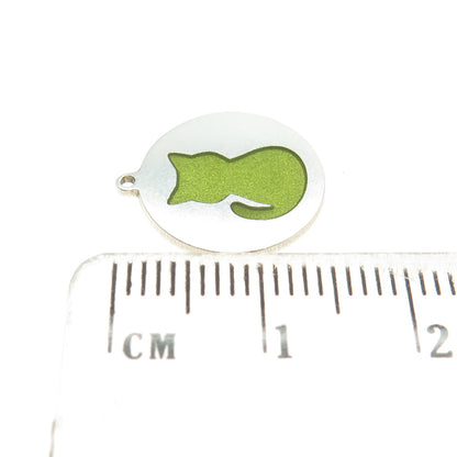 Tokemoti 925 Sterling Silver Green Enamel Cat Round Tag Minimalist Pendant