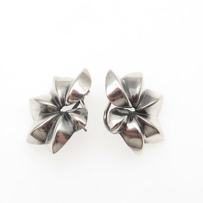 925 Sterling Silver Vintage Modernist Floral Oxidized Omega Back Earrings