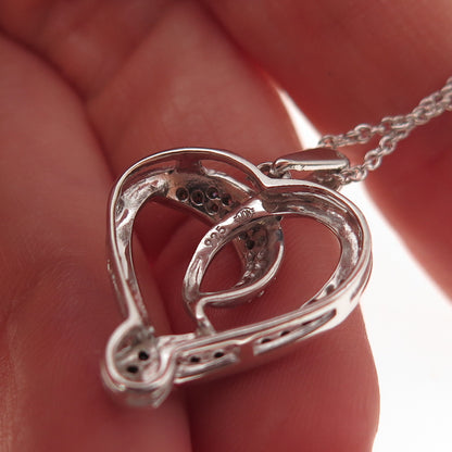925 Sterling Silver Real Blue & White Diamond Heart Cable Chain Necklace 18"