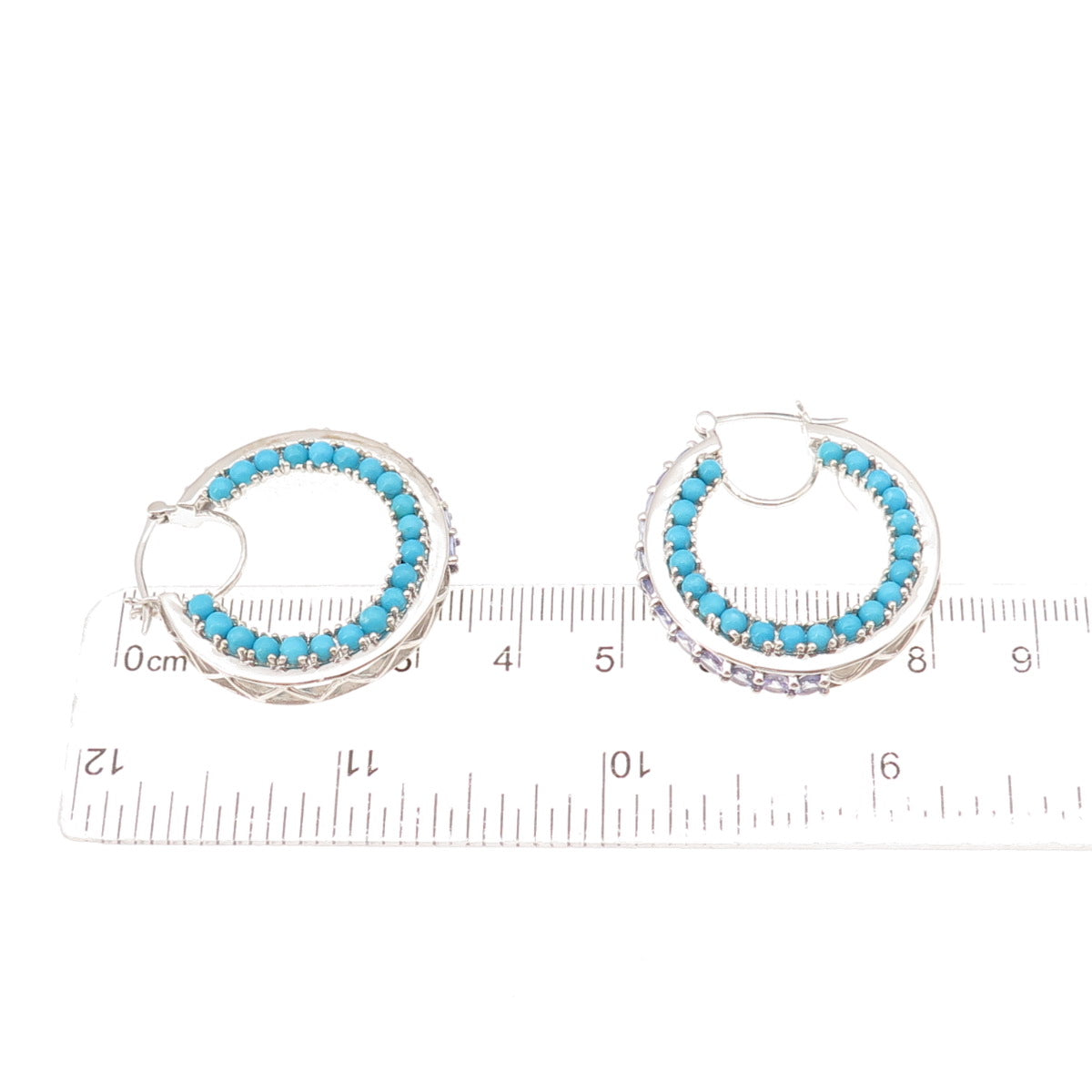 Chuck Clemency 925 Sterling Silver Real Turquoise & Tanzanite Hoop Earrings