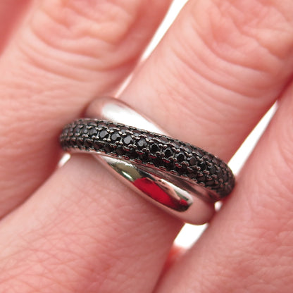 925 Sterling Silver Real Round-Cut Black Spinel Crisscross Ring Size 6.25