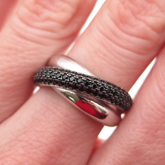 925 Sterling Silver Real Round-Cut Black Spinel Crisscross Ring Size 6.25