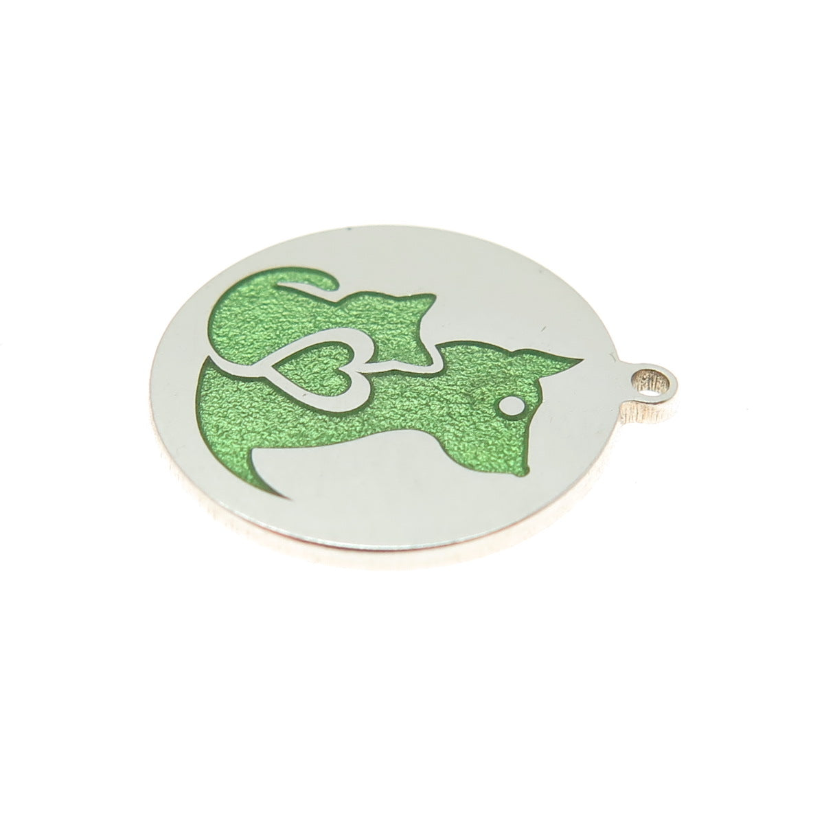 Tokemoti 925 Sterling Silver Green Enamel Cat & Dog Round Tag Minimalist Pendant