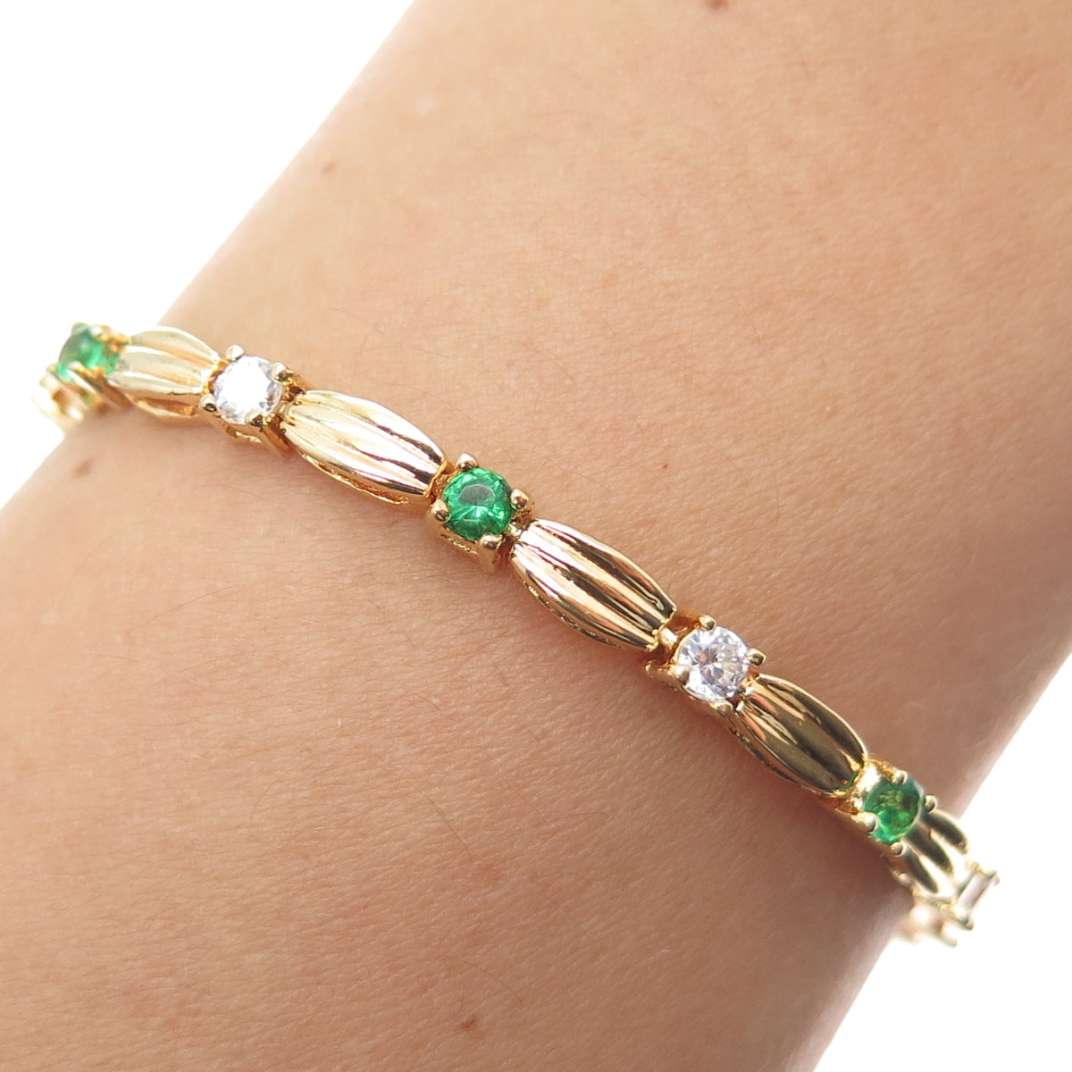 925 Sterling Silver Gold Plated Round-Cut Green & White C Z Bracelet 6.75"
