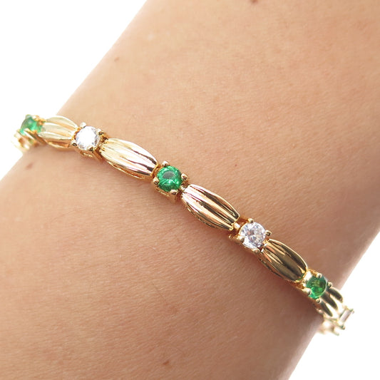 925 Sterling Silver Gold Plated Round-Cut Green & White C Z Bracelet 6.75"
