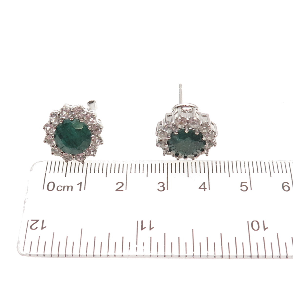 925 Sterling Silver Vintage Real Emerald & White Topaz Omega Back Earrings