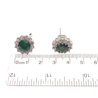 925 Sterling Silver Vintage Real Emerald & White Topaz Omega Back Earrings