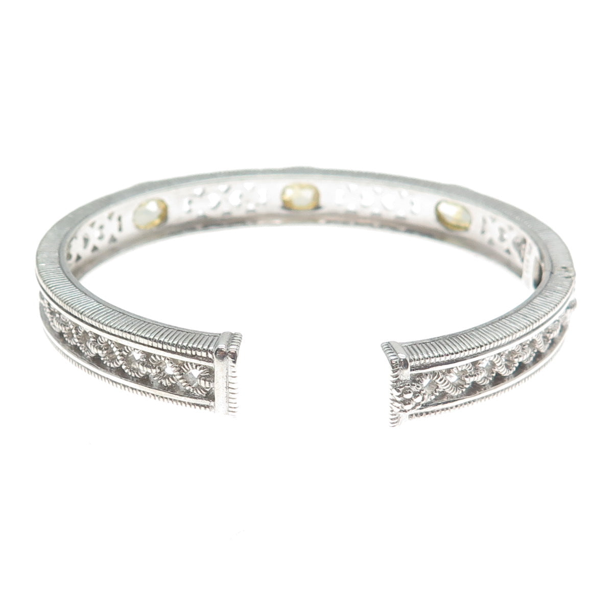 JUDITH RIPKA 925 Sterling Silver Real Citrine Ornate Cuff Bracelet 6.5"