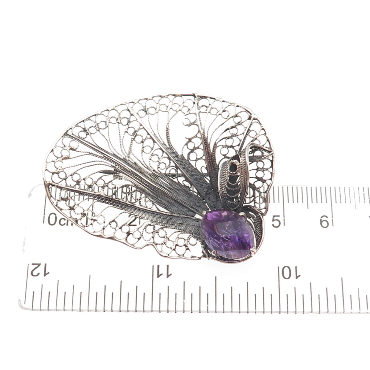 925 Sterling Silver Vintage Real Amethyst Floral Filigree Oxidized Pin Brooch