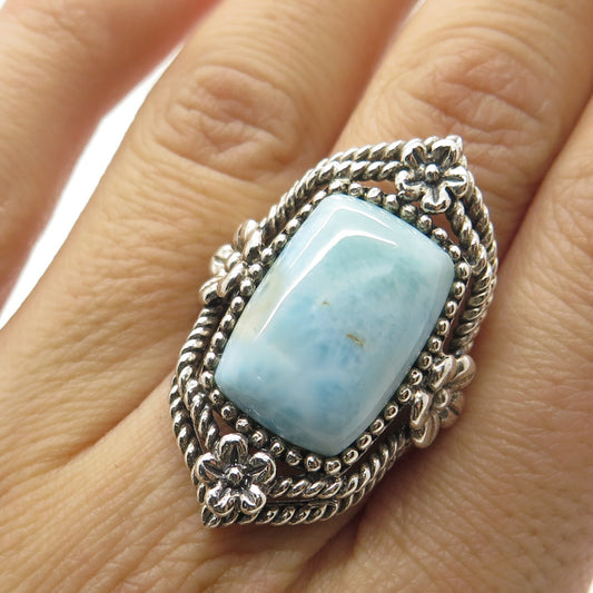 925 Sterling Silver Vintage Real Larimar Gemstone Floral Statement Ring Size 8.5