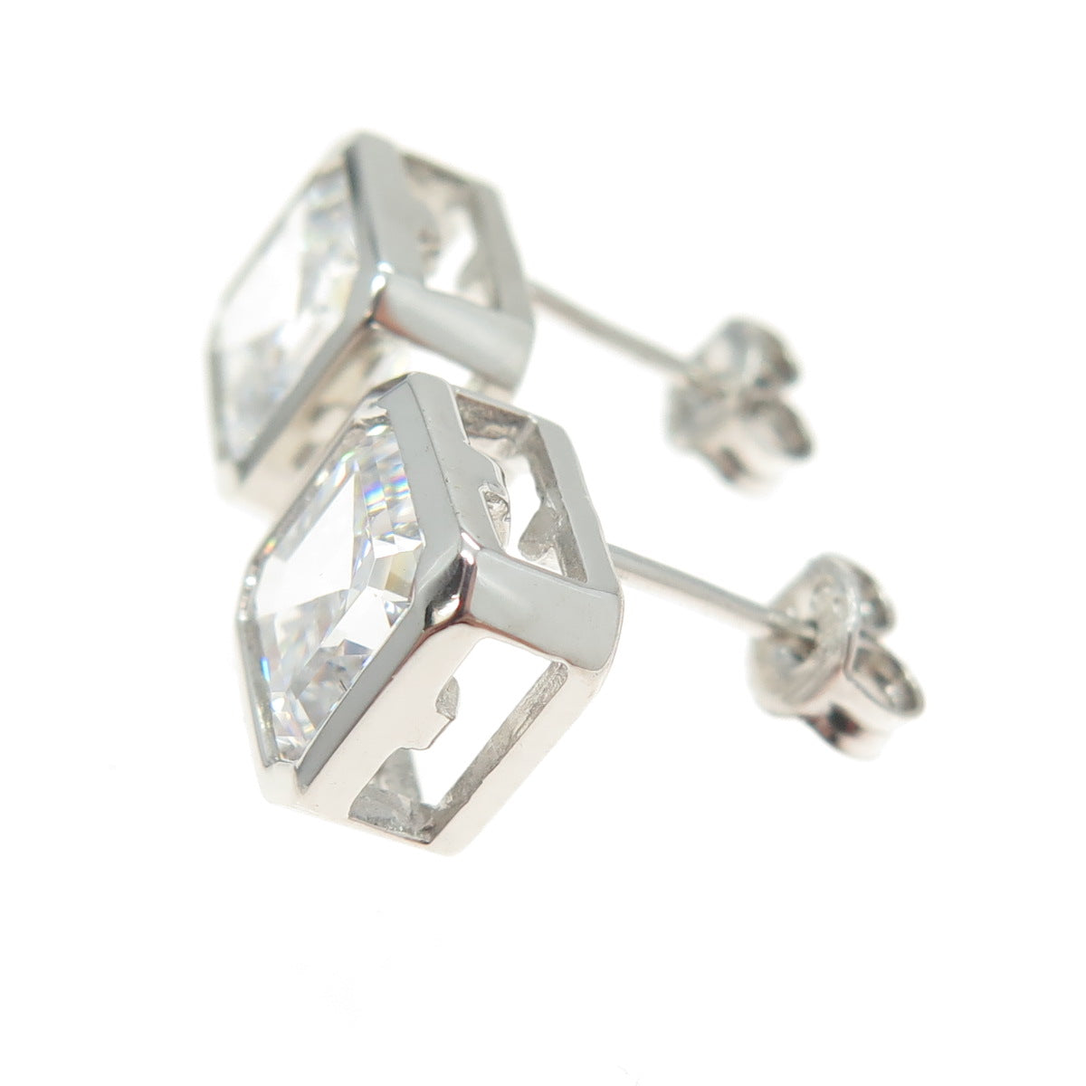 925 Sterling Silver Asscher-Cut C Z Stud Earrings