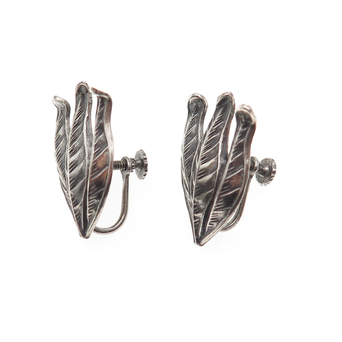 925 Sterling Silver Antique Art Deco Floral Oxidized Screw Back Earrings