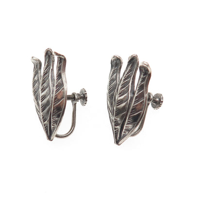 925 Sterling Silver Antique Art Deco Floral Oxidized Screw Back Earrings