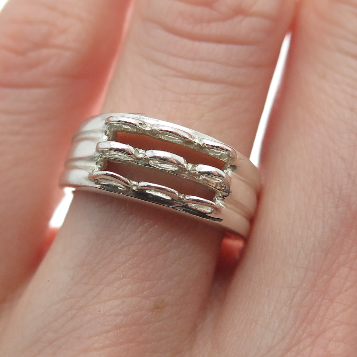 925 Sterling Silver Vintage Modernist 3-Row Ring Size 5.25