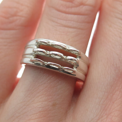 925 Sterling Silver Vintage Modernist 3-Row Ring Size 5.25