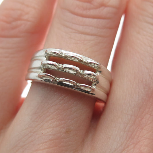 925 Sterling Silver Vintage Modernist 3-Row Ring Size 5.25