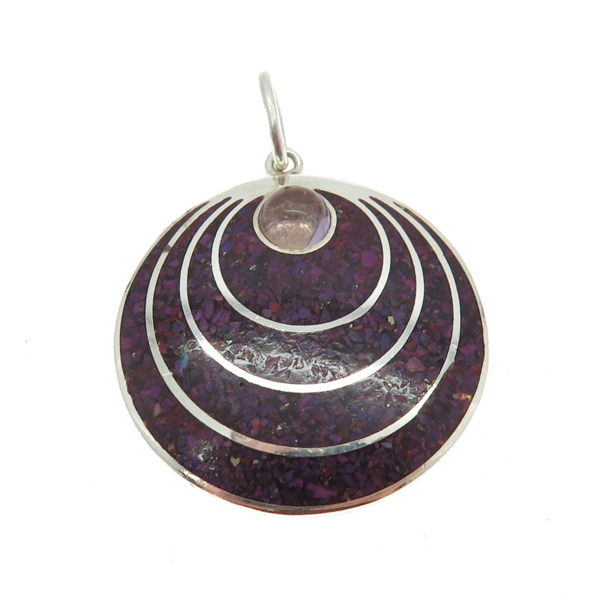 925 Sterling Silver Vintage Real Sugilite Inlay & Amethyst Modernist Pendant