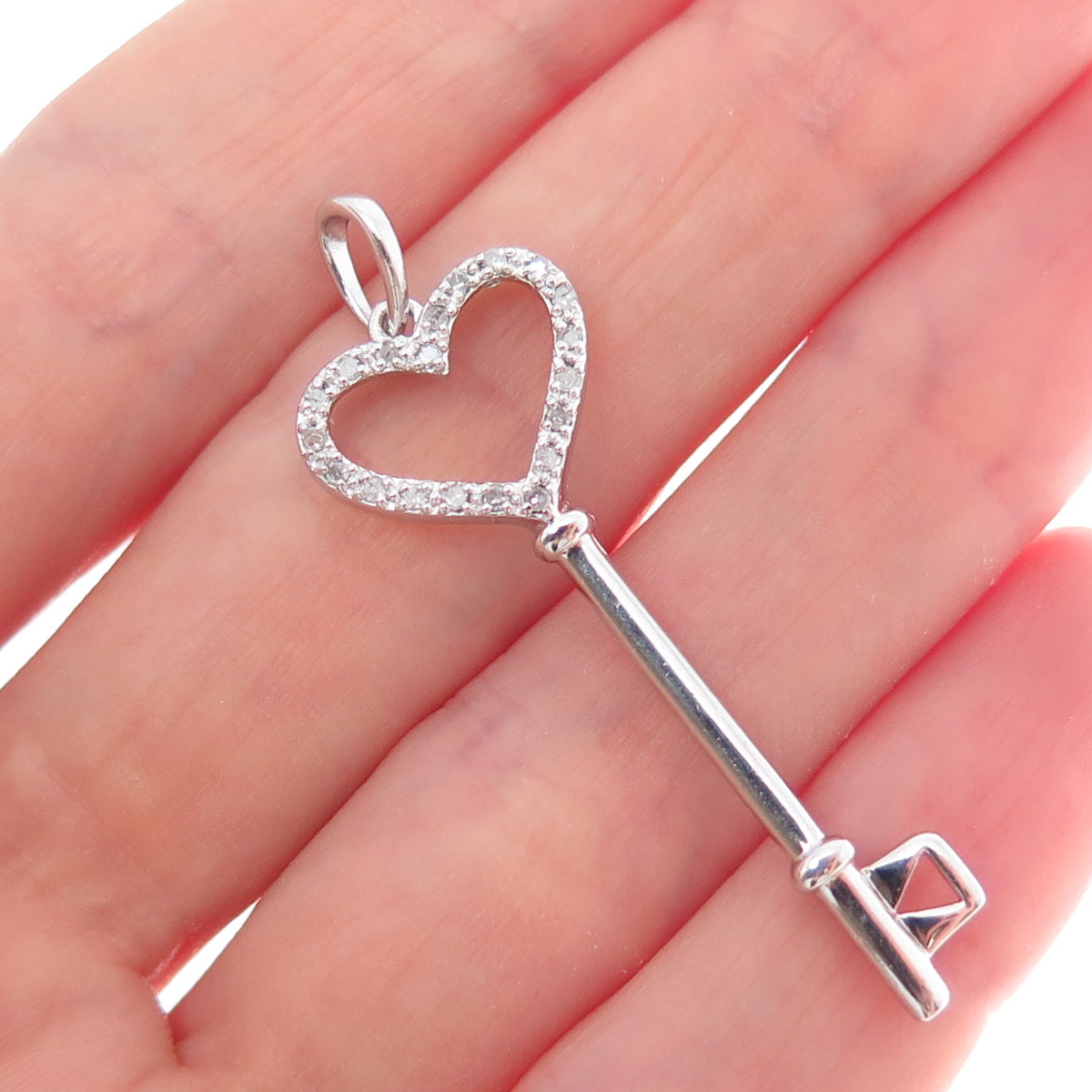 925 Sterling Silver Real Round-Cut Diamond Heart Key Charm Pendant