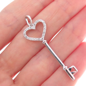 925 Sterling Silver Real Round-Cut Diamond Heart Key Charm Pendant