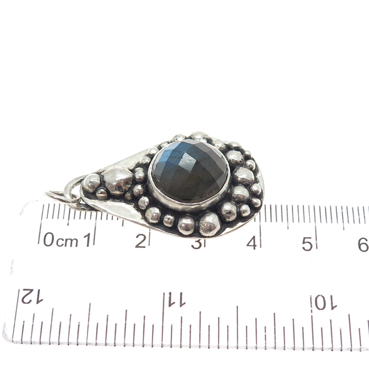925 Sterling Silver Vintage Real Labradorite Modernist Beaded Oxidized Pendant