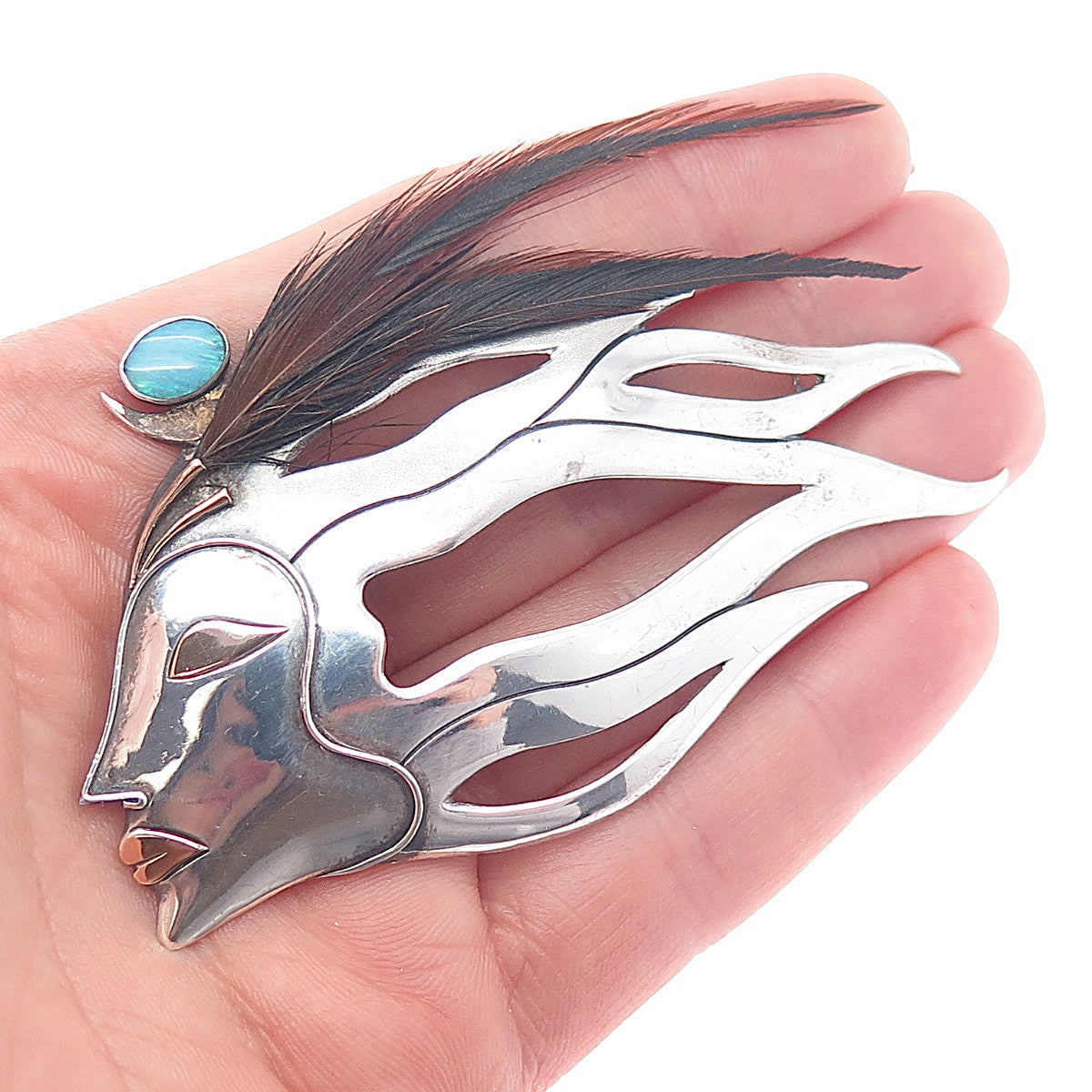 925 Sterling 14K Gold Vintage Real Opal Feather Fairy Centerpiece Slide Pendant