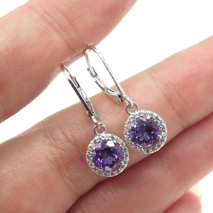 925 Sterling Silver Real Amethyst Gemstone & C Z Dangle Earrings