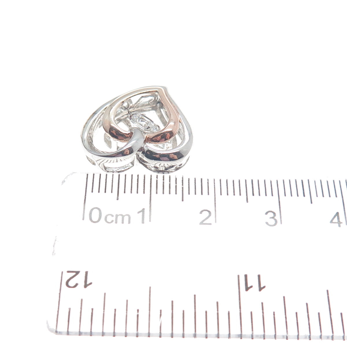 SAI 925 Sterling Silver 2-Tone Round-Cut Shaped C Z Double Heart Slide Pendant