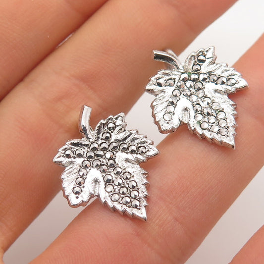 925 Sterling Silver Vintage Real Marcasite Gem Leaf Screw Back Earrings
