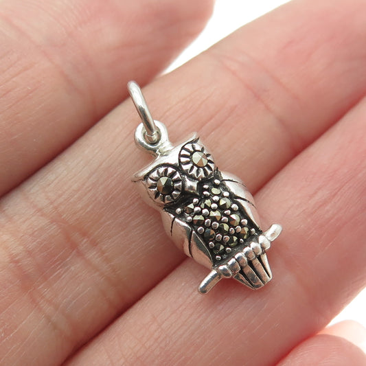 925 Sterling Silver Vintage Real Marcasite Gemstone Wise Owl 3D Charm Pendant