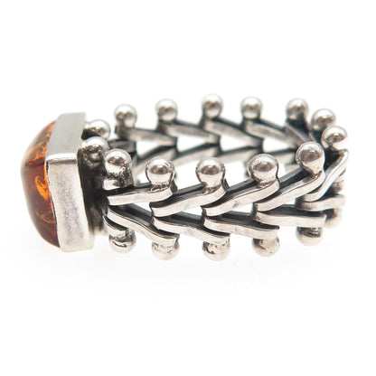 925 Sterling Silver Vintage Real Amber Modernist Oxidized Ring Size 6.5