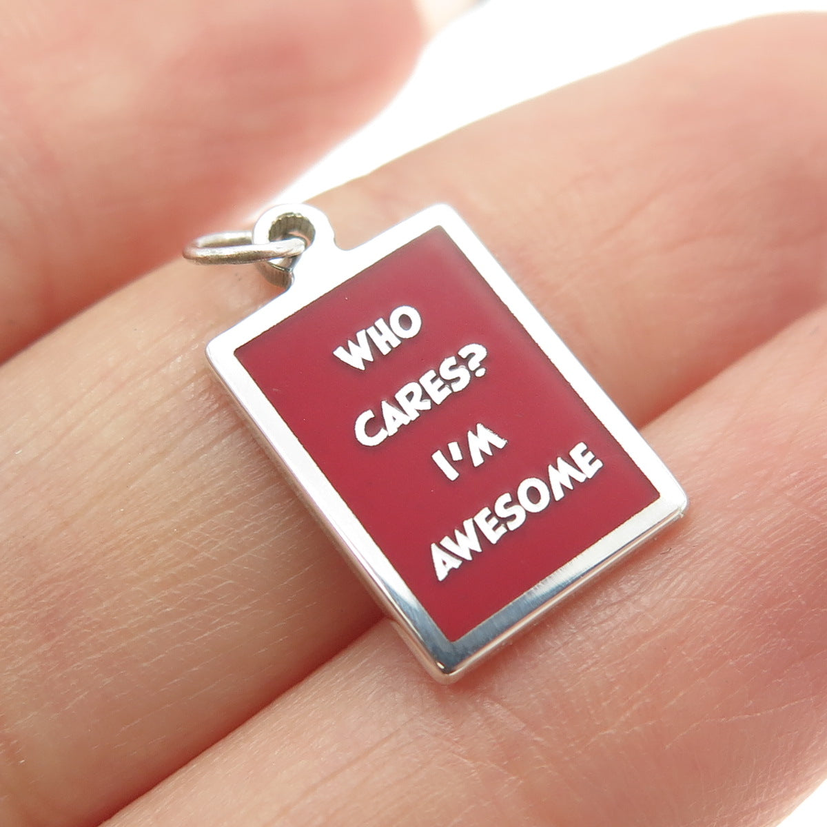 925 Sterling Silver Red Enamel "Who Cares I'm Awesome" Minimalist Charm Pendant