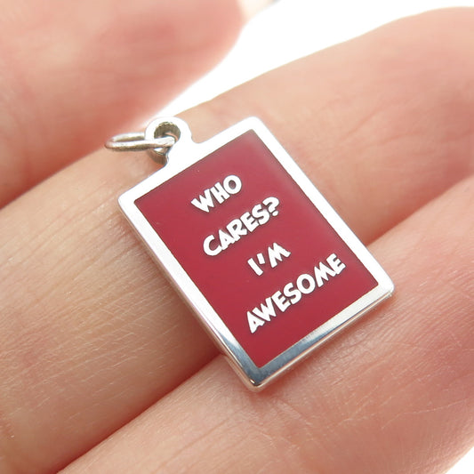 925 Sterling Silver Red Enamel "Who Cares I'm Awesome" Minimalist Charm Pendant