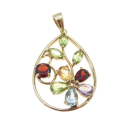 925 Sterling Silver Vintage Amethyst Citrine Peridot Garnet Topaz Gem Pendant