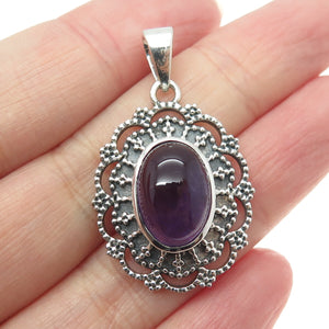 925 Sterling Silver Vintage Real Amethyst Floral Granulated Oxidized Pendant