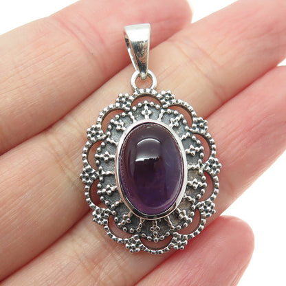 925 Sterling Silver Vintage Real Amethyst Floral Granulated Oxidized Pendant