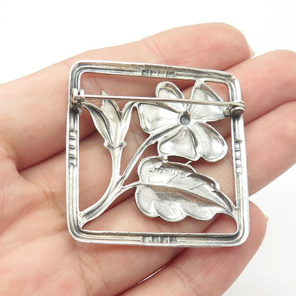 925 Sterling Silver Vintage Floral Blossom Square Pin Brooch