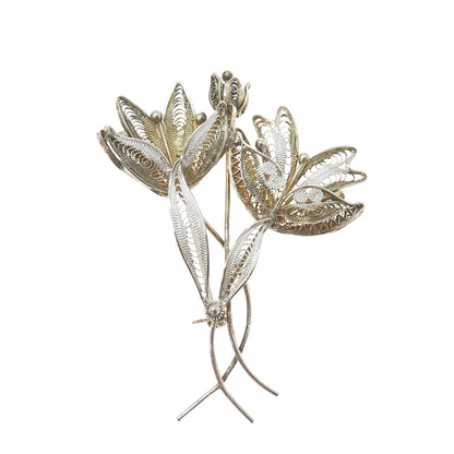 800 Silver Antique Art Deco Gold Plated Filigree Floral Pin Brooch
