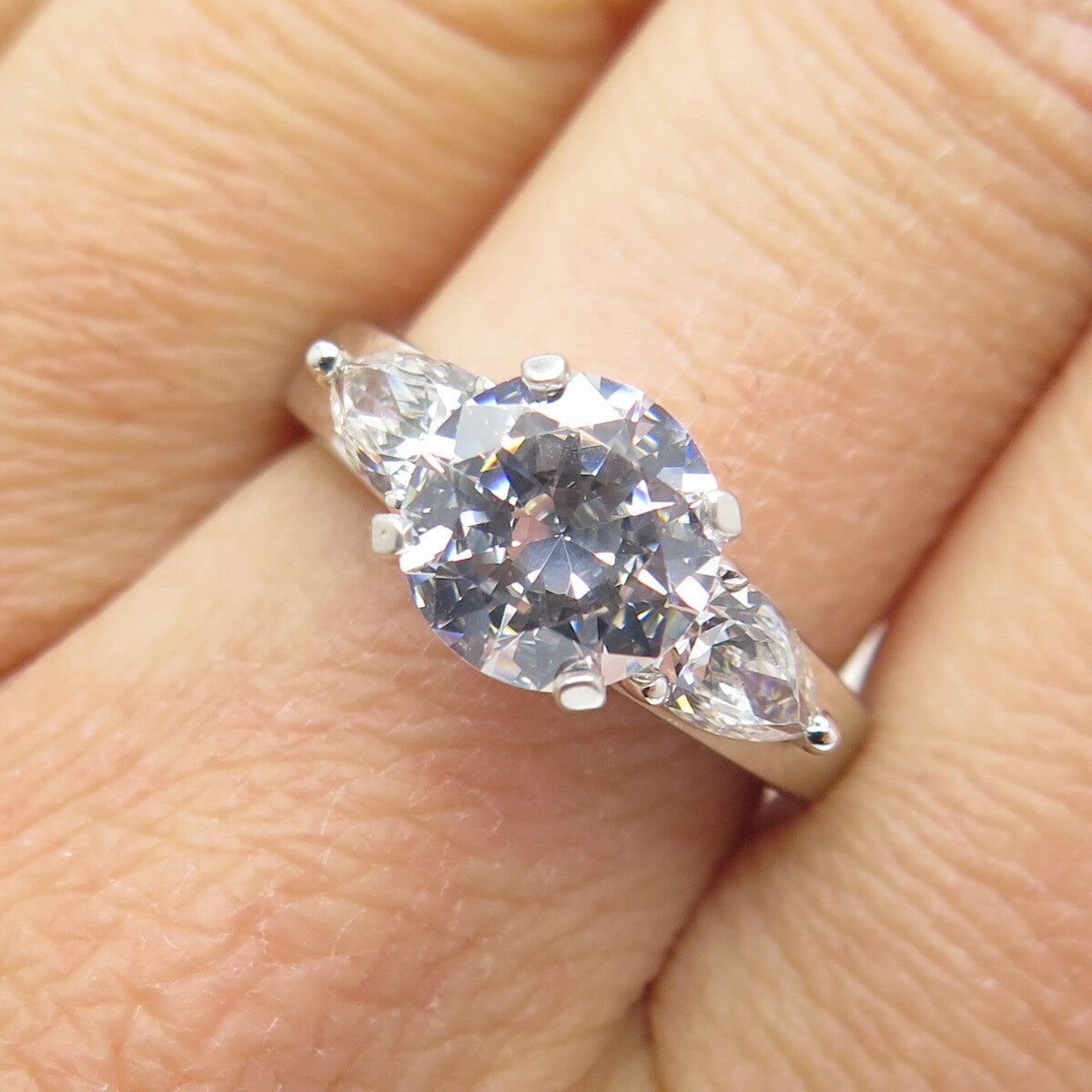 925 Sterling Silver Round & Pear-Cut C Z Engagement Ring Size 7