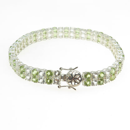 925 Sterling Silver Real Round-Cut Light Blue Topaz Peridot Cluster Bracelet 8"