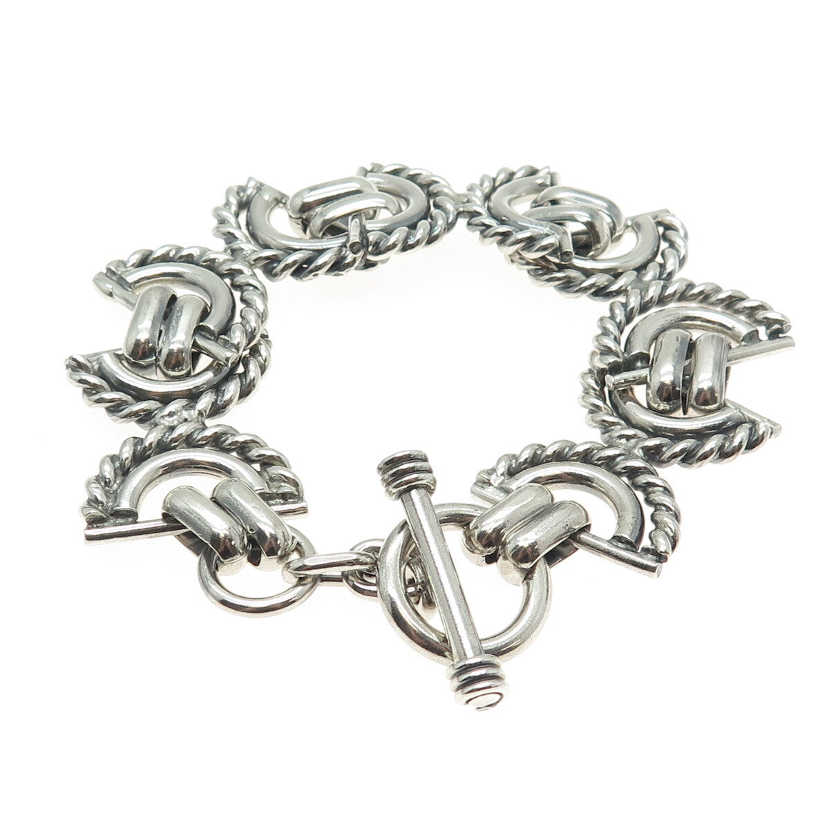 925 Sterling Silver Vintage Crescent Roped Oxidized Link Bracelet 7.25"