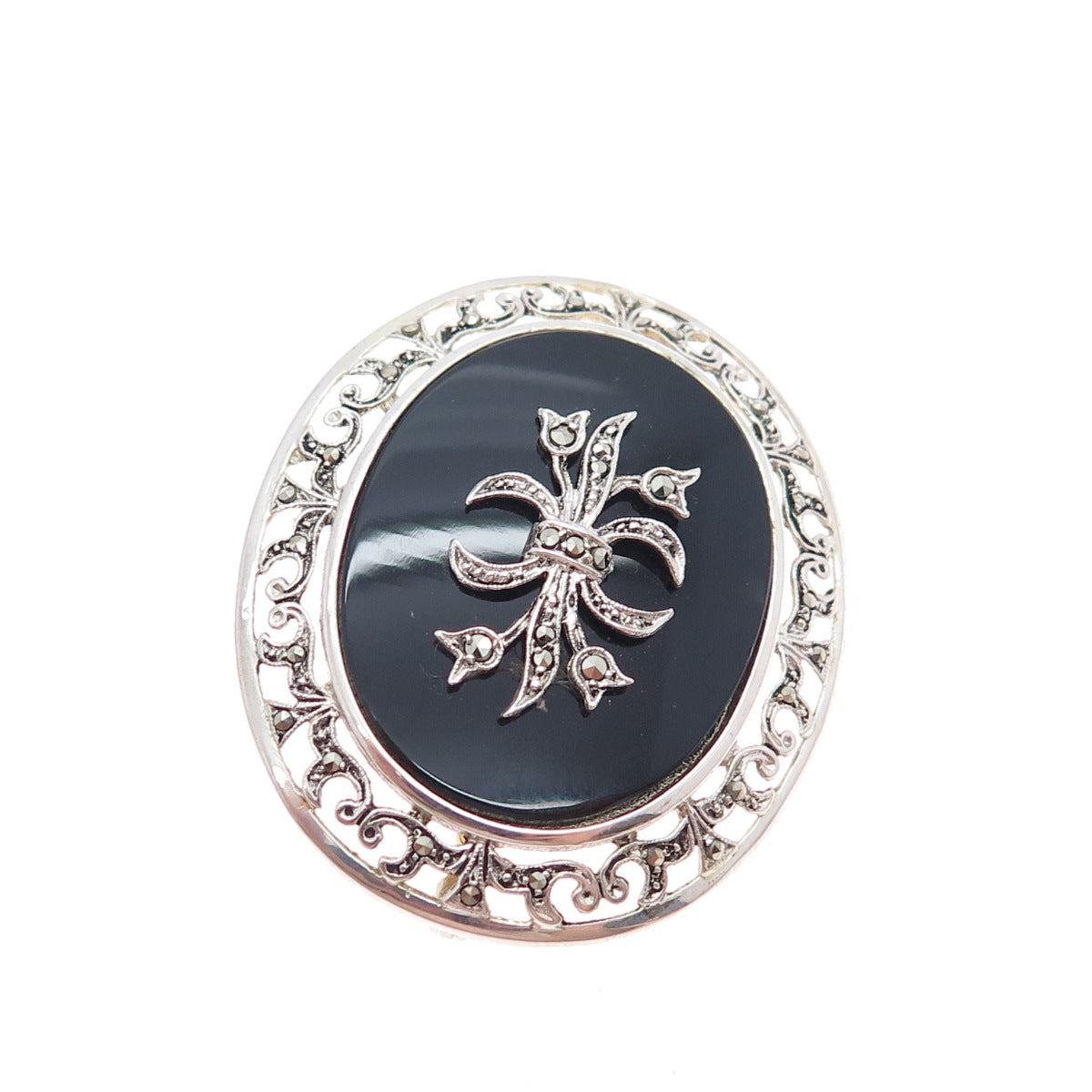 835 Silver Antique Art Deco Real Black Onyx & Marcasite Bow Pin Brooch